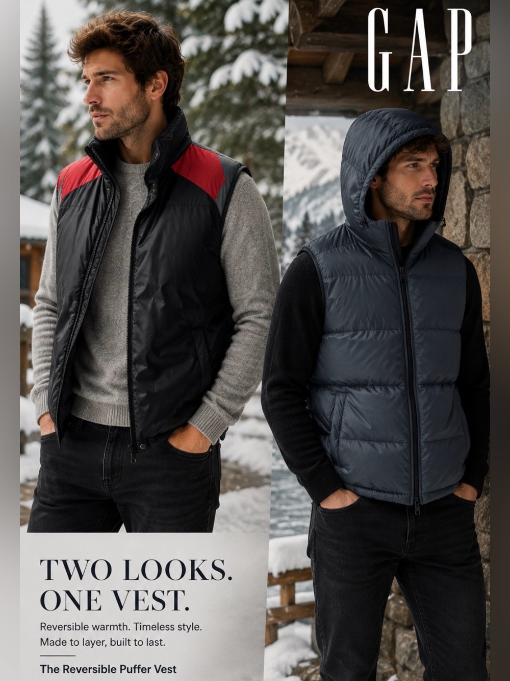 GAP Men’s Reversible Down Puffer Vest - Classic Y2K Cold Weather Essential Sz L